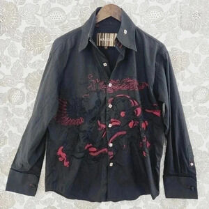 Manzini Embroidered Button down Long sleeve Men's shirt M Black